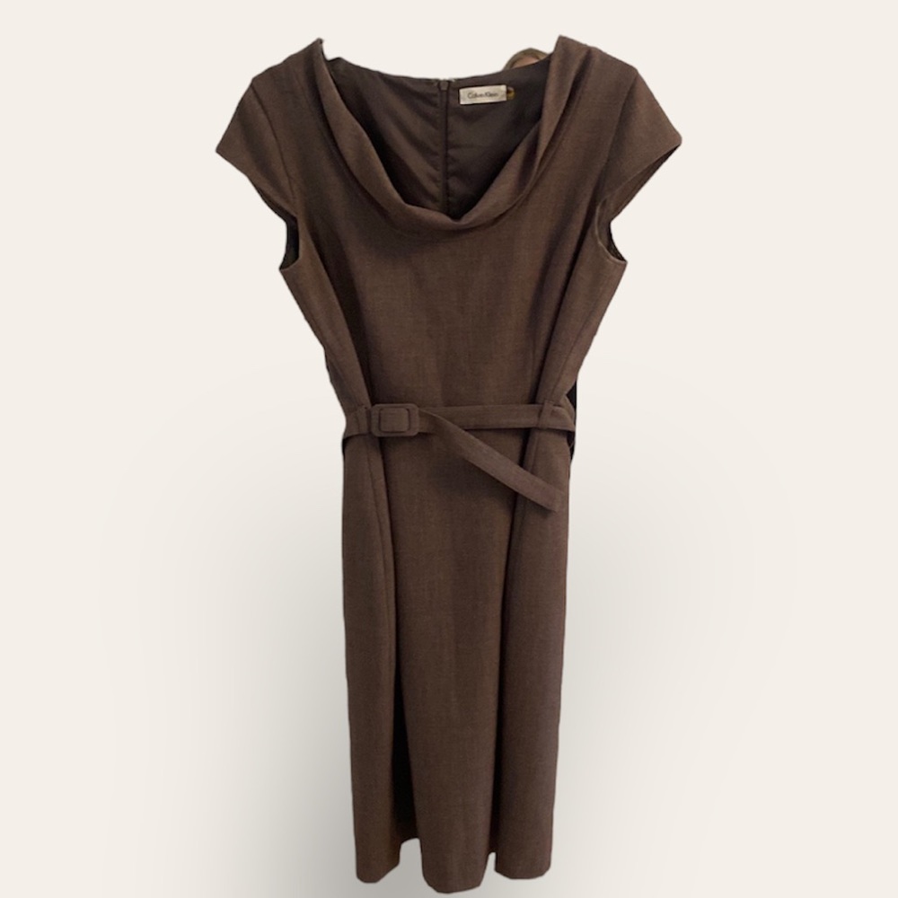 Calvin Klein Cap Sleeve Belted Dress with Draped Neckline